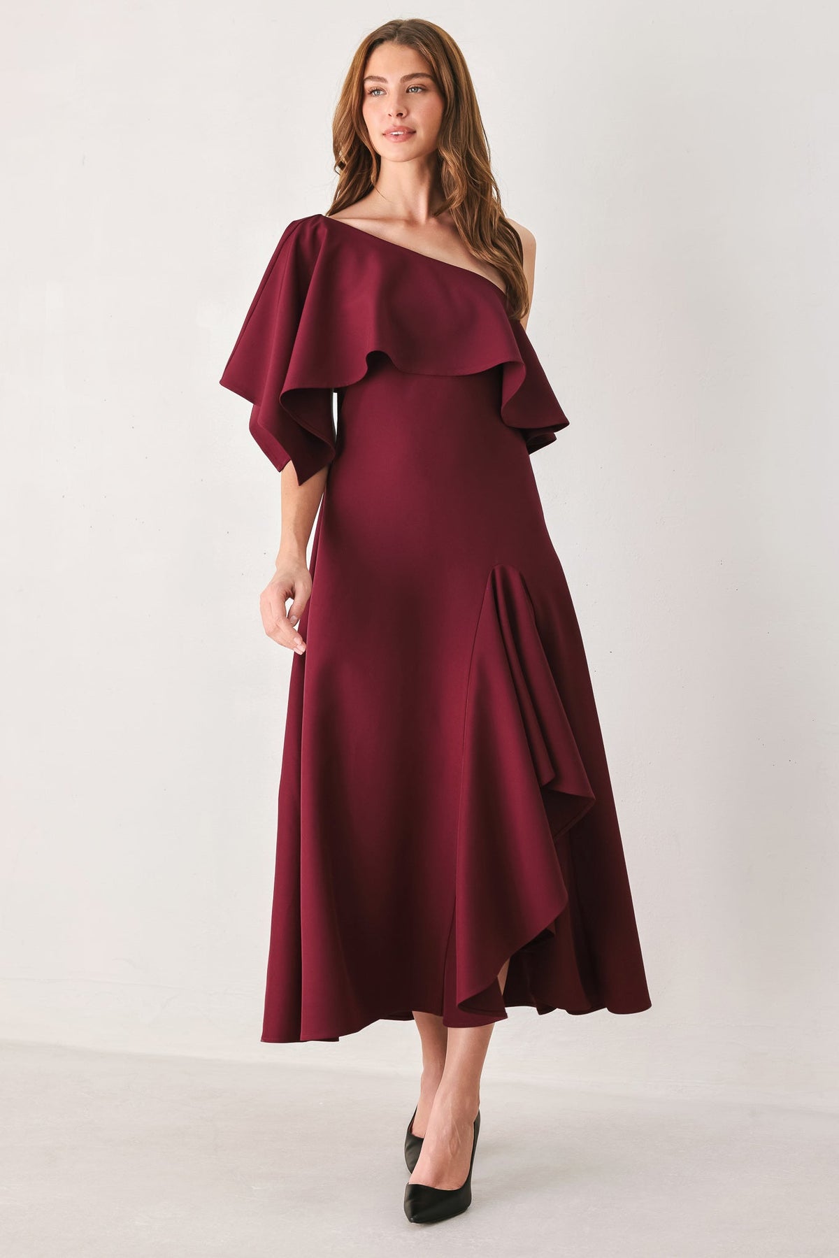 WINE CASCADE BURGUNDY ONE-SHOULDER RUFFLE MIDI DRESS - Flying Tomato - Flyclothing LLC