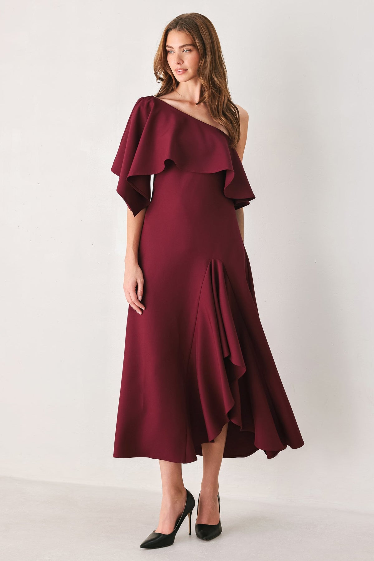 WINE CASCADE BURGUNDY ONE-SHOULDER RUFFLE MIDI DRESS - Flying Tomato - Flyclothing LLC