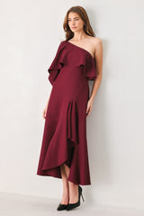 WINE CASCADE BURGUNDY ONE-SHOULDER RUFFLE MIDI DRESS - Flying Tomato - Flyclothing LLC