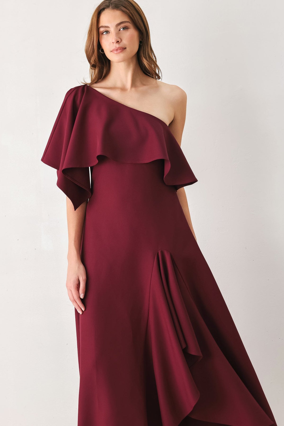 WINE CASCADE BURGUNDY ONE-SHOULDER RUFFLE MIDI DRESS - Flying Tomato - Flyclothing LLC