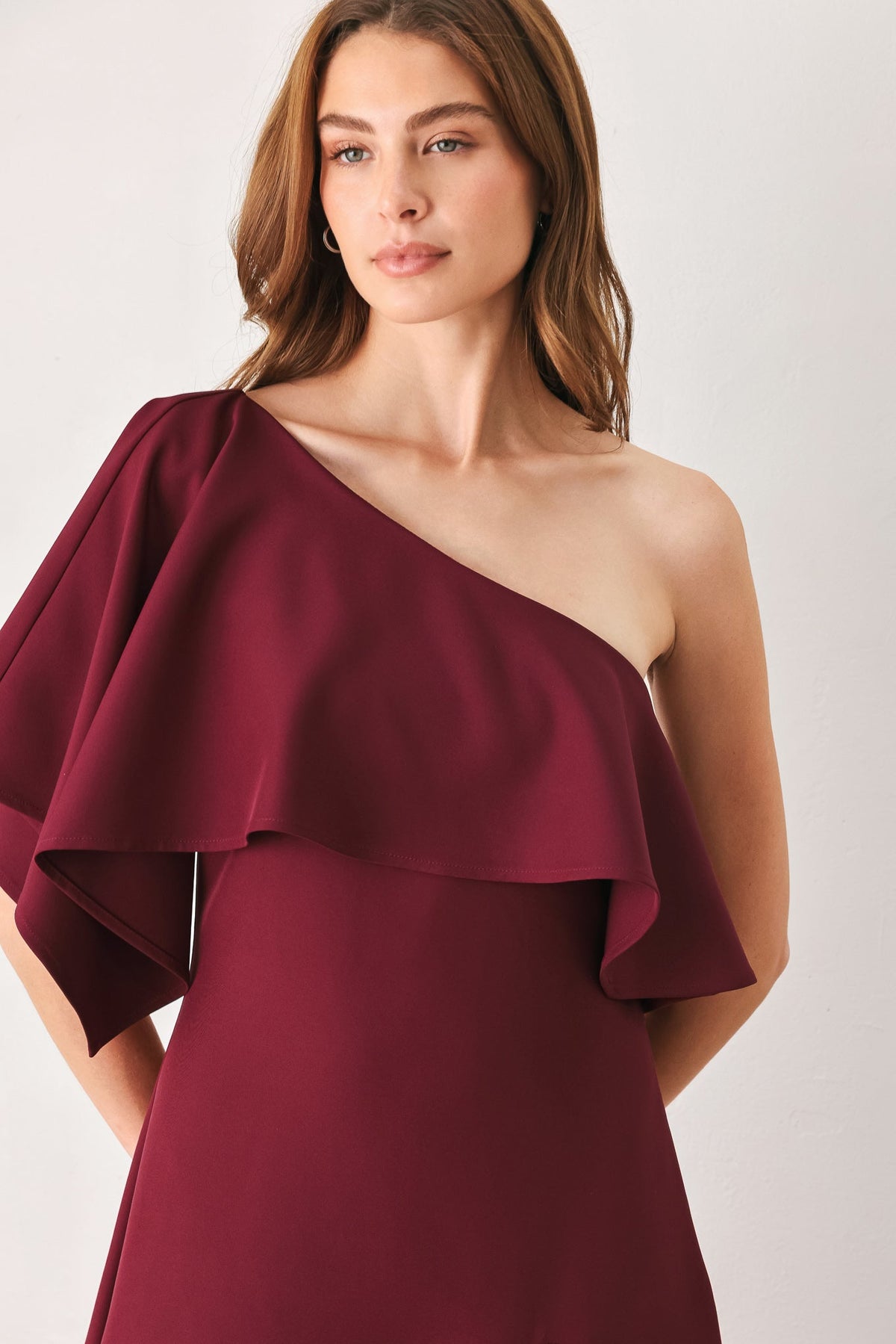 WINE CASCADE BURGUNDY ONE-SHOULDER RUFFLE MIDI DRESS - Flying Tomato - Flyclothing LLC