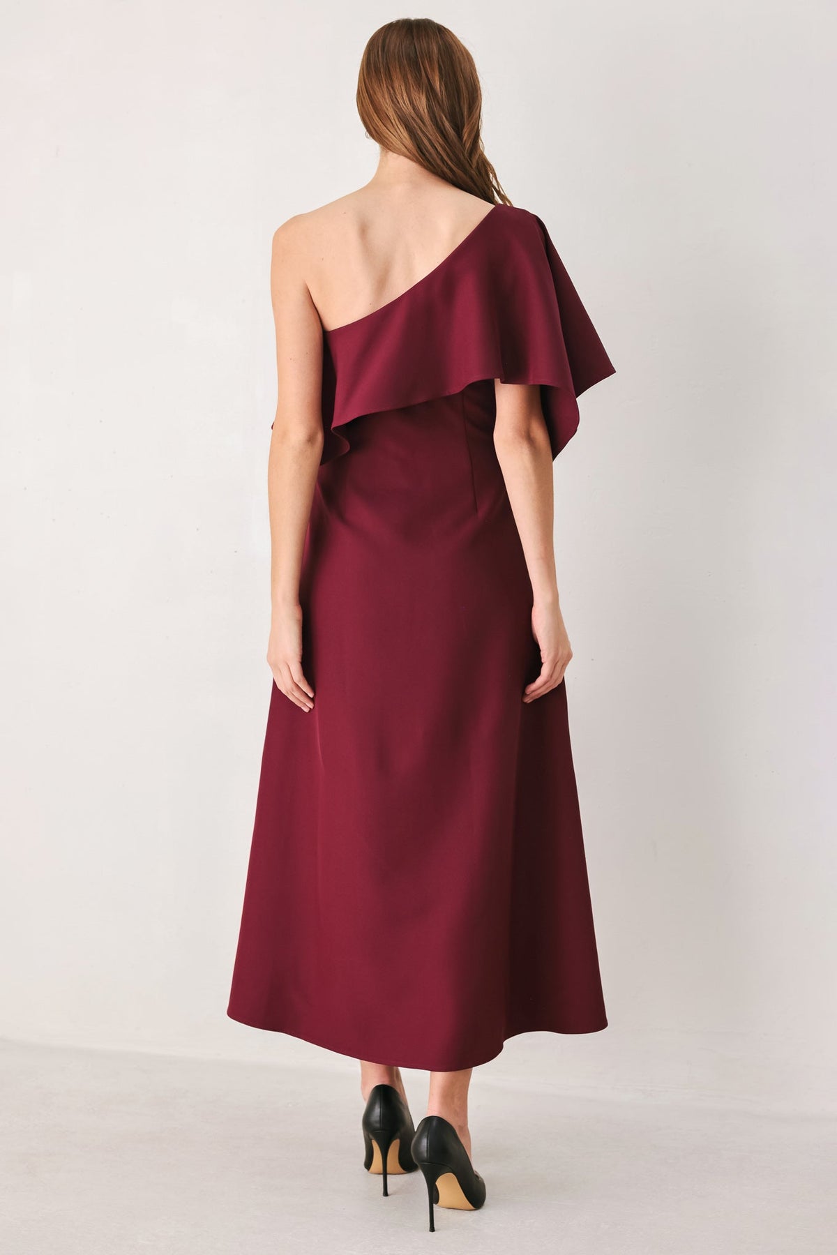 WINE CASCADE BURGUNDY ONE-SHOULDER RUFFLE MIDI DRESS - Flying Tomato - Flyclothing LLC