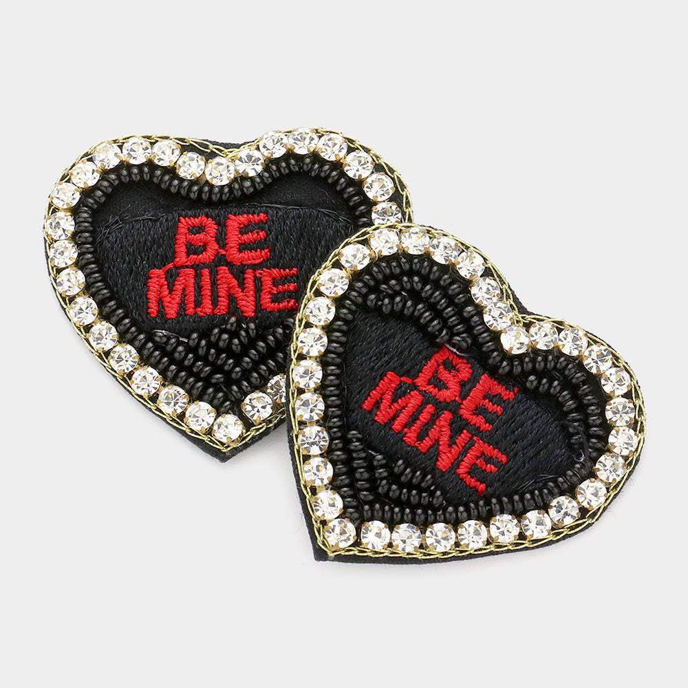 Felt Back BE MINE Message Embroidered Seed Bead Stone Embellished Earrings - Madeline Love - Flyclothing LLC