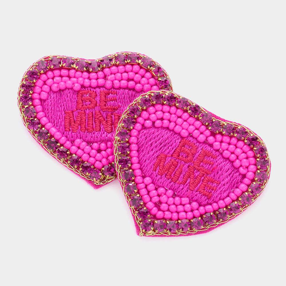 Felt Back BE MINE Message Embroidered Seed Bead Stone Embellished Earrings - Madeline Love - Flyclothing LLC