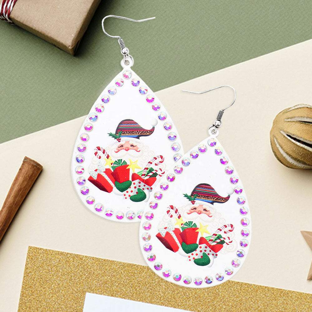 Stone Trim Santa Claus Xmas Gift Serape Print Metal Teardrop Dangle Earrings - Madeline Love - Flyclothing LLC