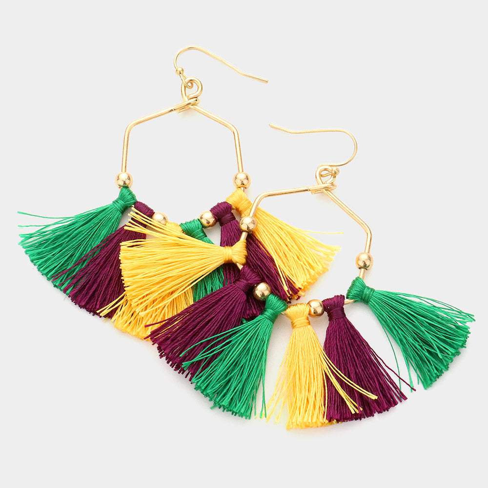 Mardi Gras Open Metal Hexagon Tassel Fringe Dangle Earrings - Madeline Love - Flyclothing LLC