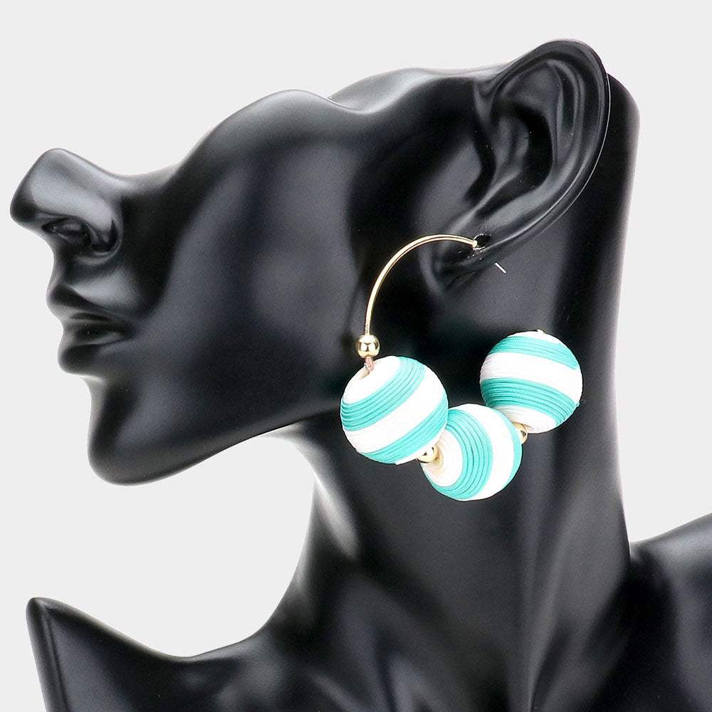 Two Tone Thread Wrapped Triple Ball Metal Half Hoop Earrings - Madeline Love - Flyclothing LLC