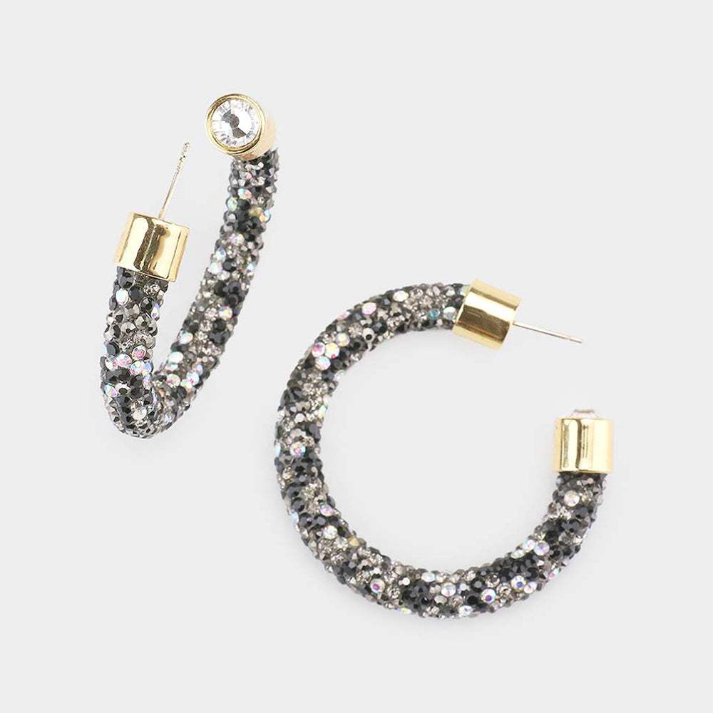 Clear Stone Detail Rhinestone Pave Half Hoop Earrings - Madeline Love - Flyclothing LLC