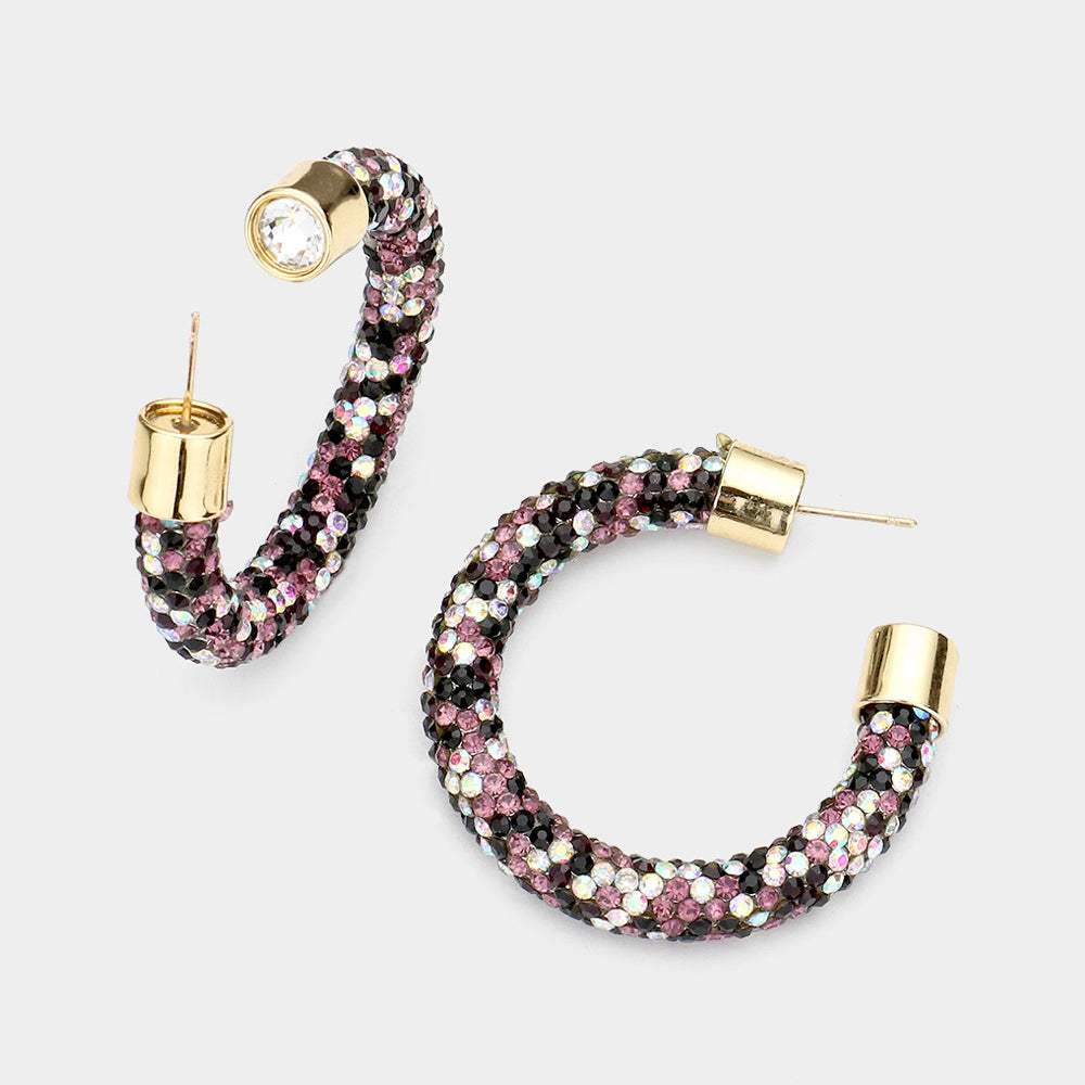Clear Stone Detail Rhinestone Pave Half Hoop Earrings - Madeline Love - Flyclothing LLC