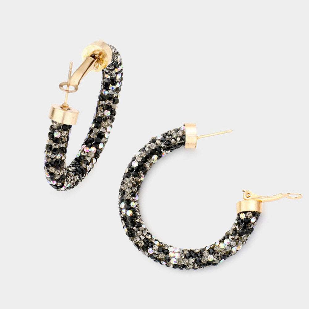 Clear Stone Detail Rhinestone Pave Half Hoop Earrings - Madeline Love - Flyclothing LLC