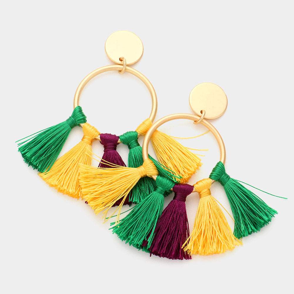 Mardi Gras Open Metal Circle Tassel Fringe Dangle Earrings - Madeline Love - Flyclothing LLC