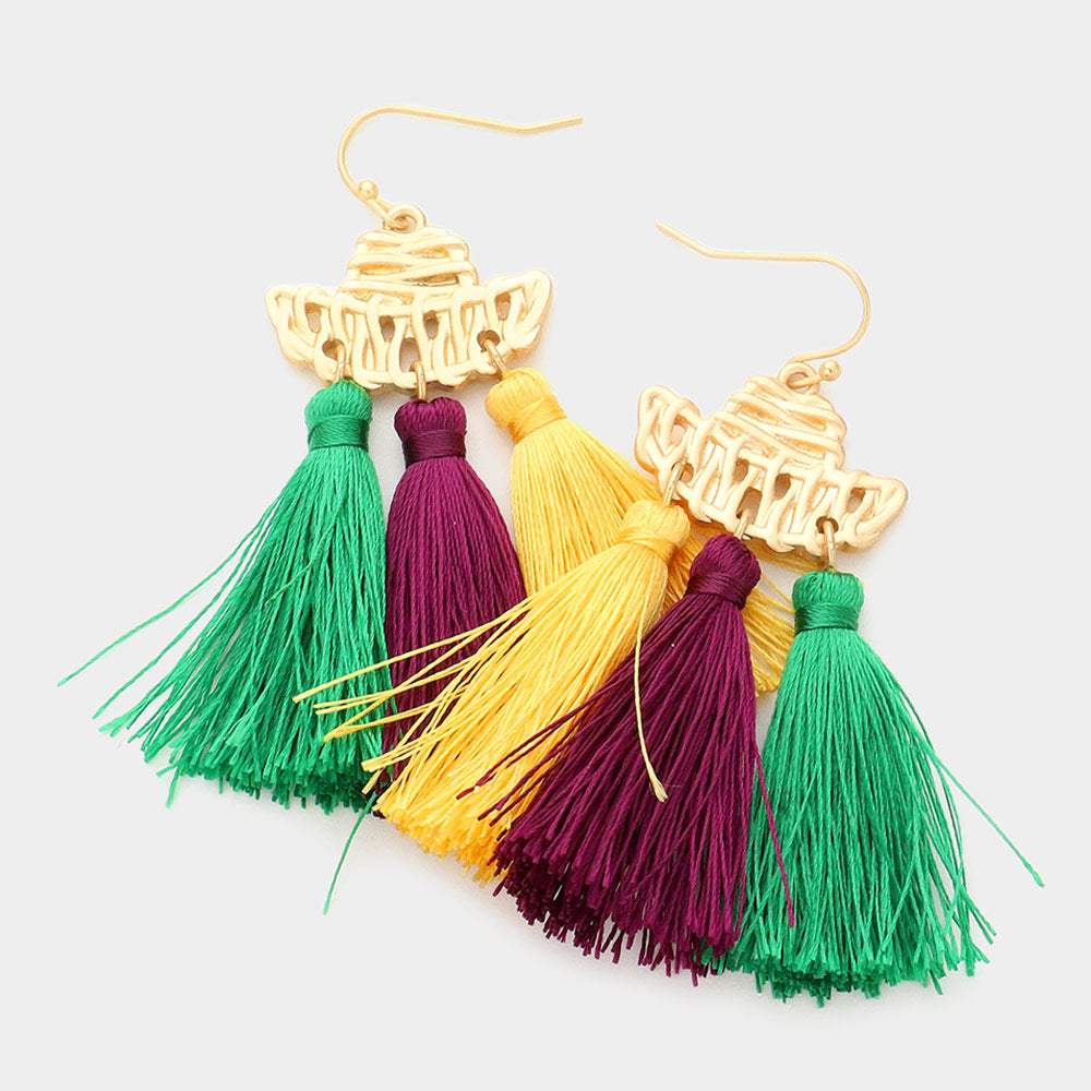 Mardi Gras Metal Hat Triple Tassel Link Dangle Earrings - Madeline Love - Flyclothing LLC