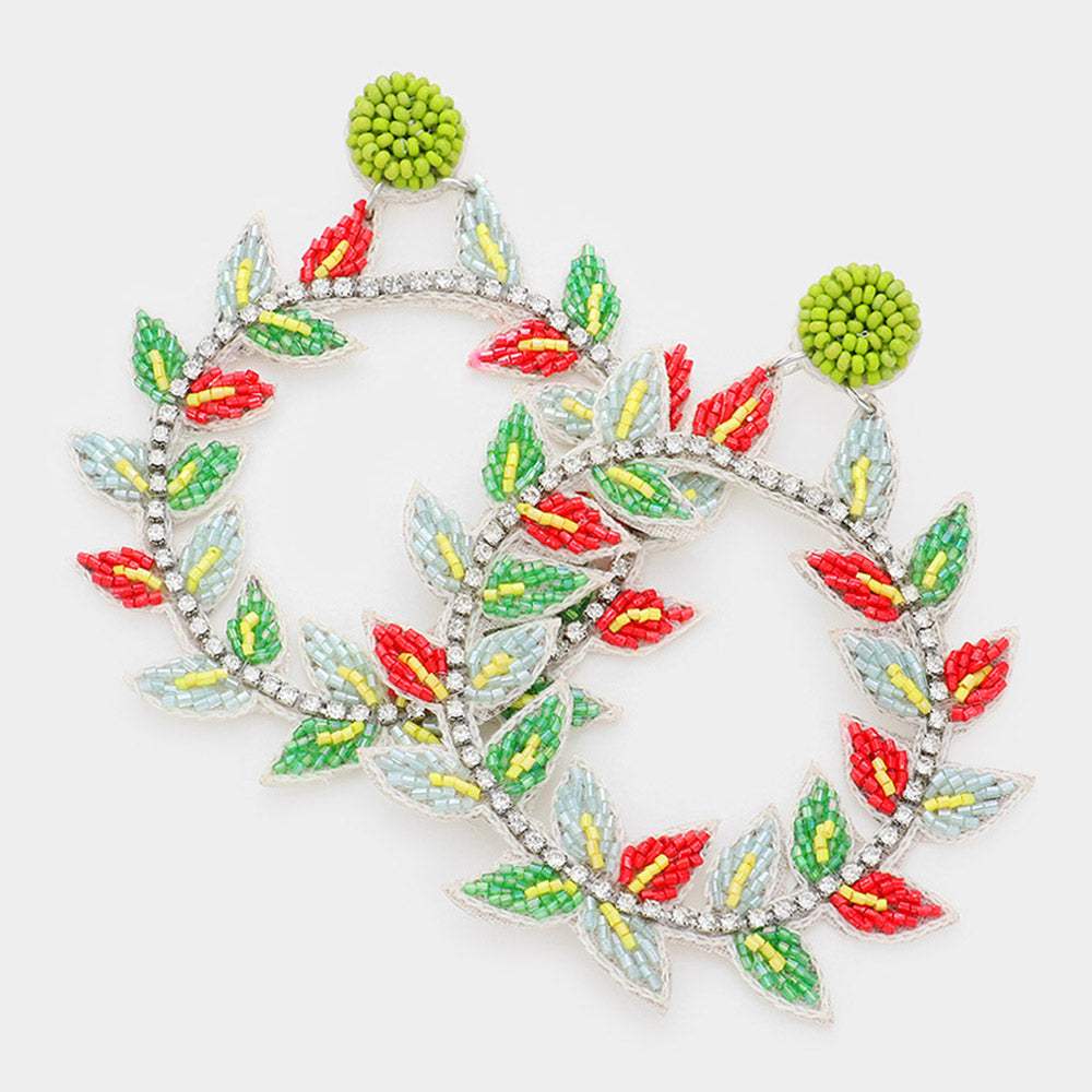 Faux Leather Back Beaded Leaf Cluster Open Circle Dangle Earrings - Madeline Love - Flyclothing LLC