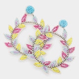Faux Leather Back Beaded Leaf Cluster Open Circle Dangle Earrings - Madeline Love - Flyclothing LLC