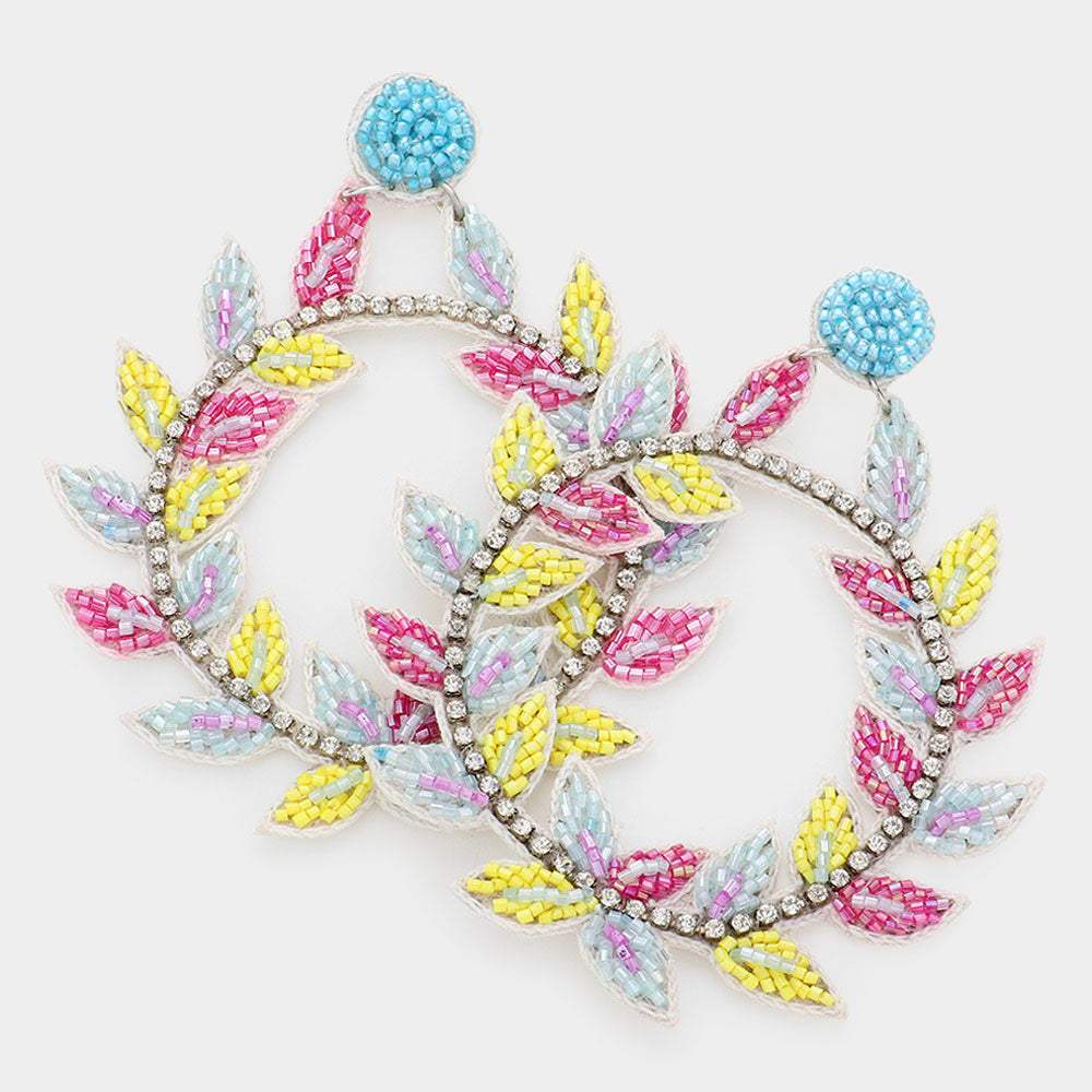 Faux Leather Back Beaded Leaf Cluster Open Circle Dangle Earrings - Madeline Love - Flyclothing LLC