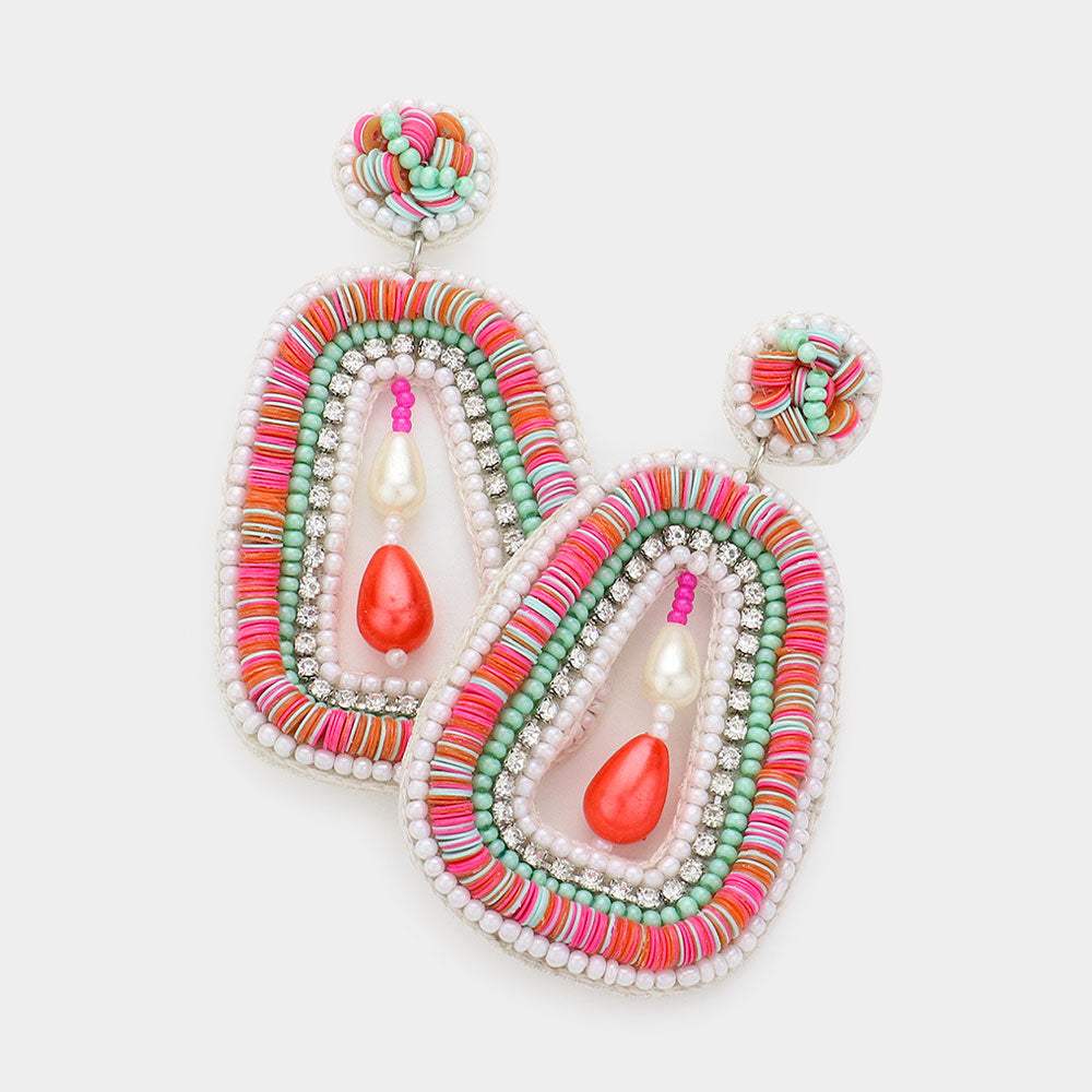 Faux Leather Back Pearl Pointed Heishi Beaded Dangle Earrings - Madeline Love - Flyclothing LLC