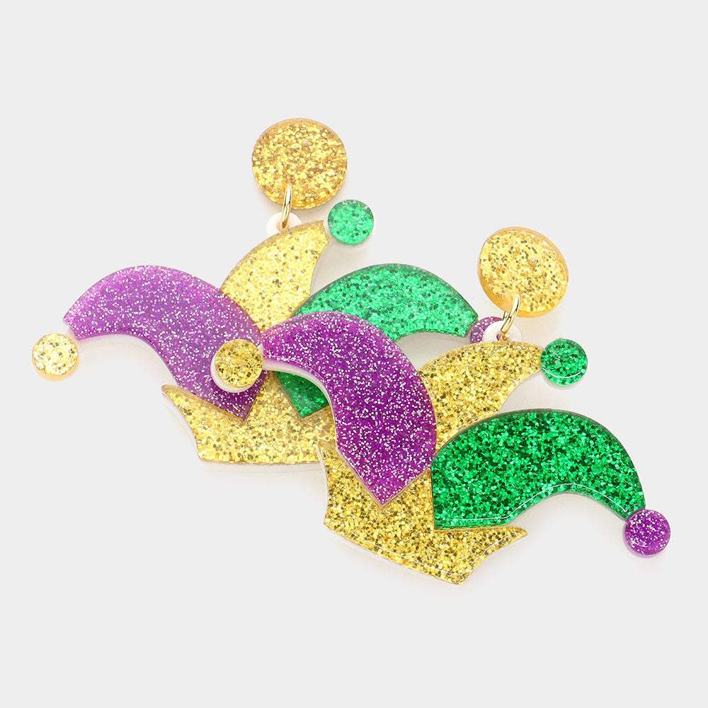 Mardi Gras Glittered Resin Hat Dangle Earrings - Madeline Love - Flyclothing LLC