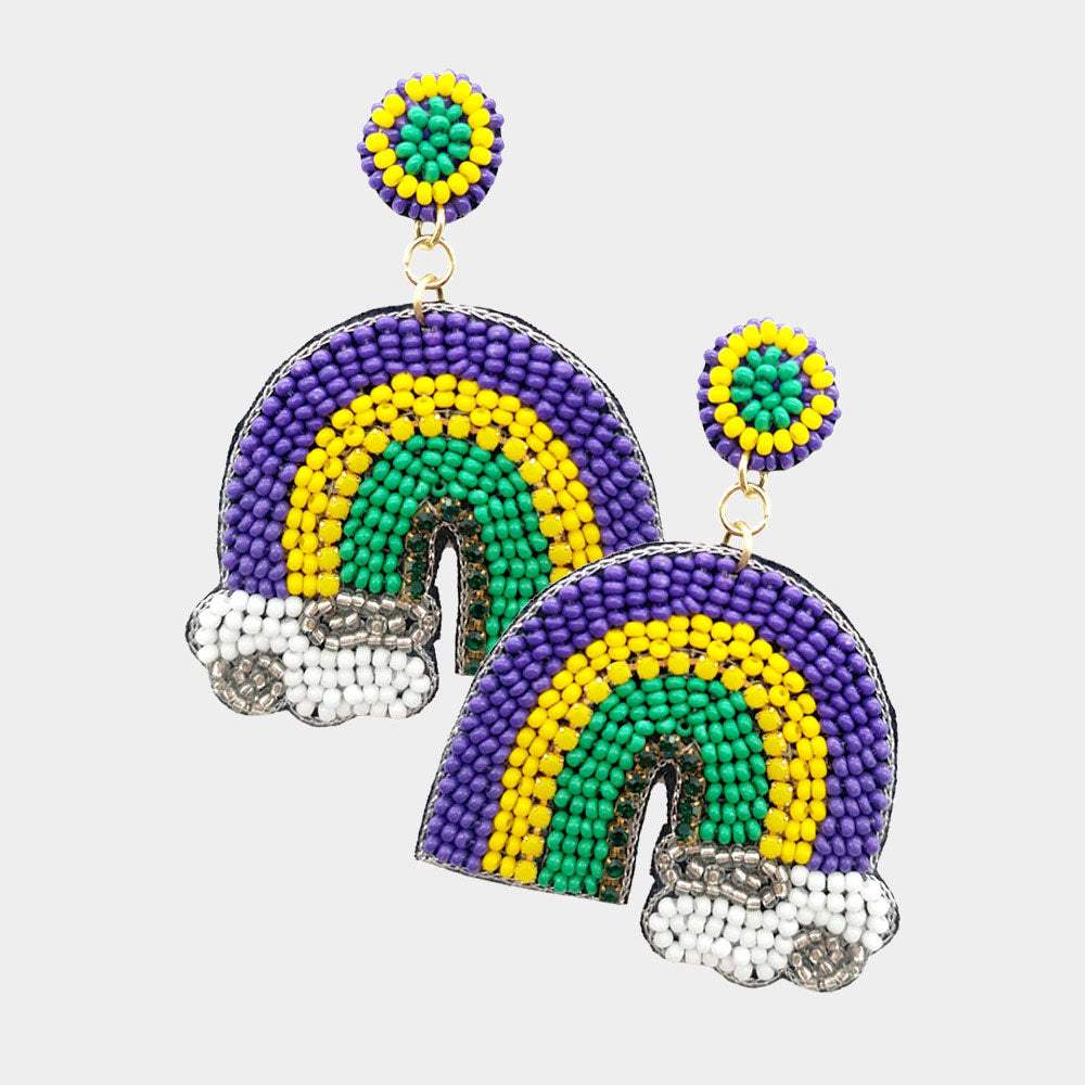 Mardi Gras Felt Back Seed Beaded Rainbow Dangle Earrings - Madeline Love - Flyclothing LLC