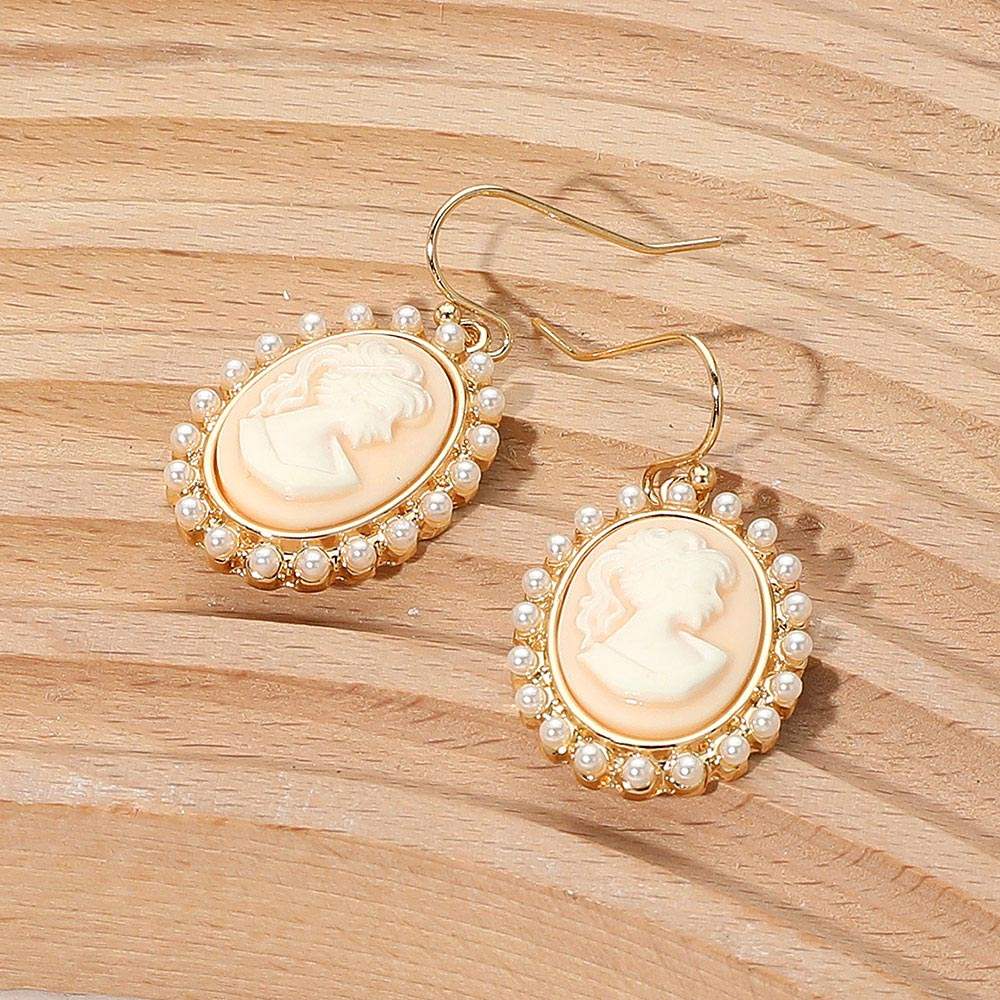 Pearl Rim Vintage Cameo Drop Dangle Earrings - Madeline Love - Flyclothing LLC