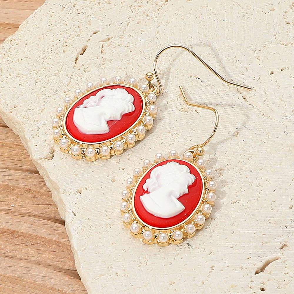Pearl Rim Vintage Cameo Drop Dangle Earrings - Madeline Love - Flyclothing LLC