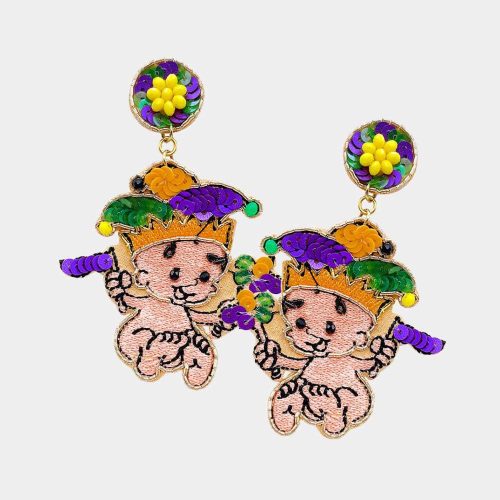 Mardi Gras Felt Back Sequin Angel Dangle Earrings - Madeline Love - Flyclothing LLC