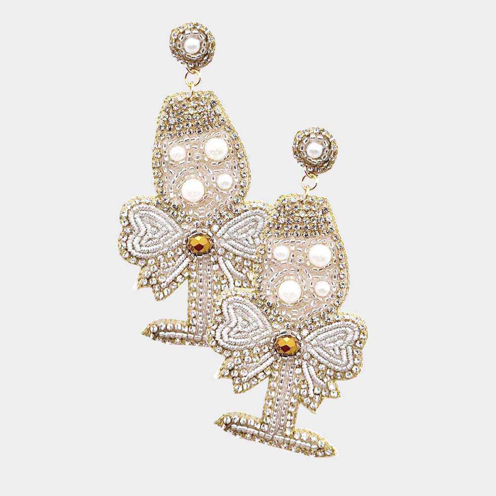Felt Back Beaded Pearl Embellished Champagne Dangle Earrings - Madeline Love - Flyclothing LLC