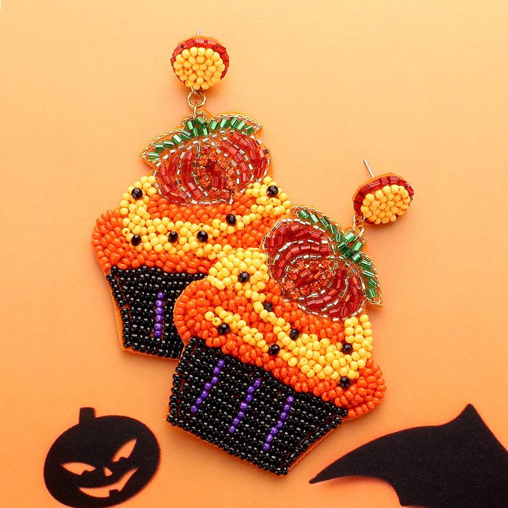 Felt Back Pumpkin Muffin Beaded Dangle Earrings - Madeline Love - Flyclothing LLC