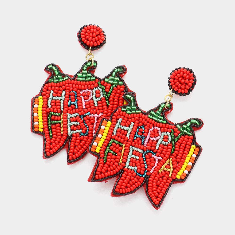 HAPPY PIESTA Message Felt Back Seed Beaded Chili Pepper Dangle Earrings - Madeline Love - Flyclothing LLC