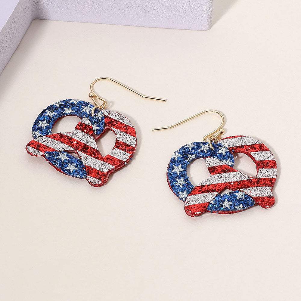 Glittered American USA Flag Pretzel Dangle Earrings - Madeline Love - Flyclothing LLC