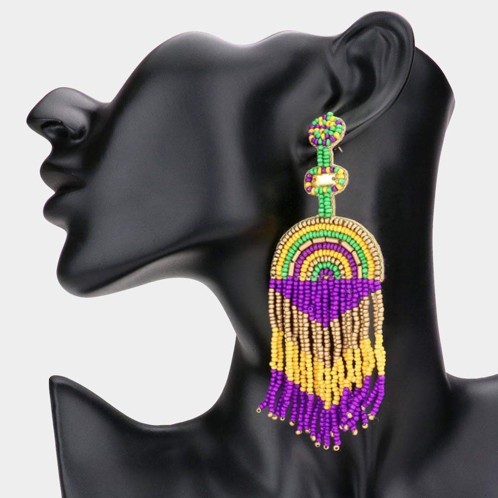 Felt Back Mardi Gras Seed Beaded Fringe Dangle Earrings - Madeline Love - Flyclothing LLC