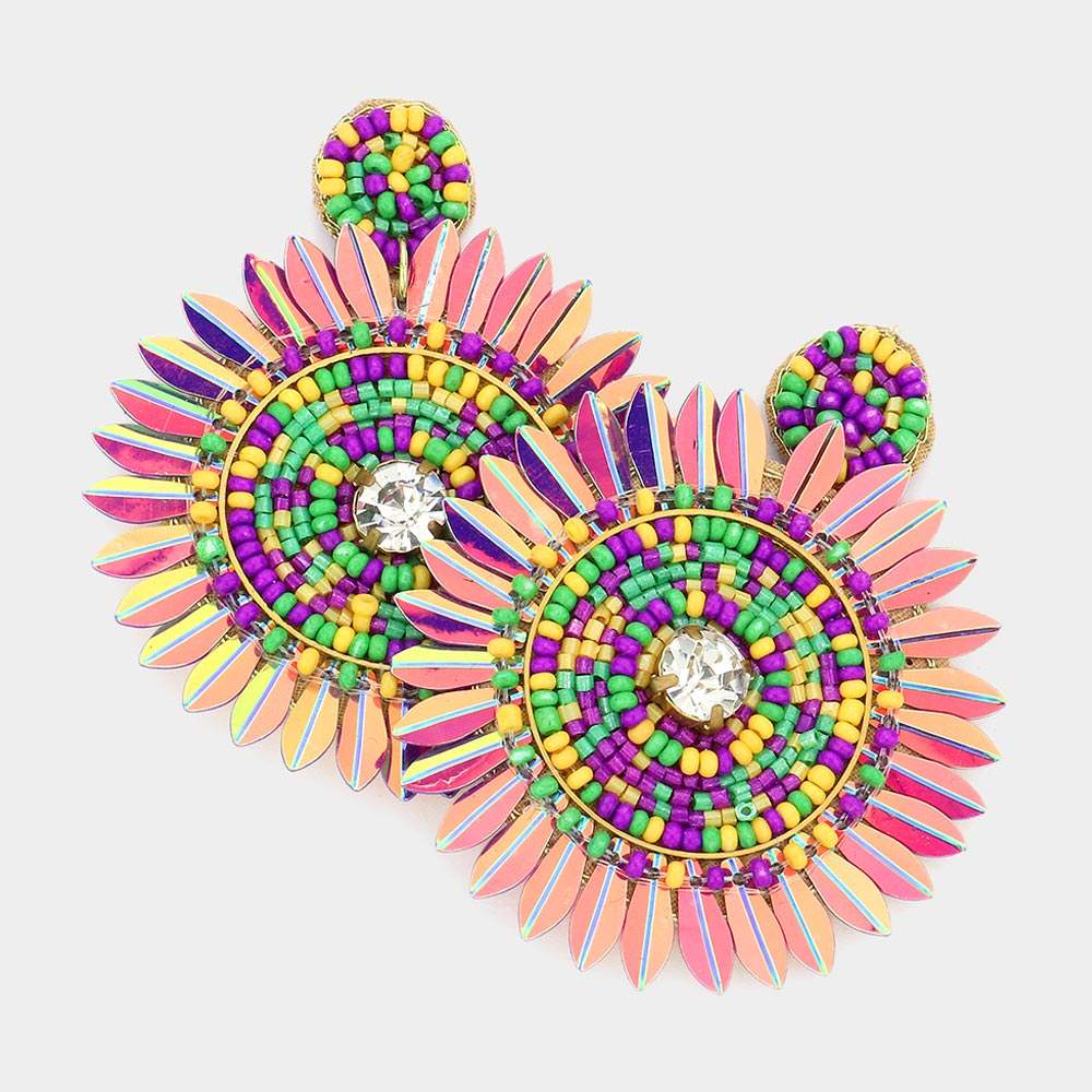Mardi Gras Felt Back Seed Beaded Round Dangle Earrings - Madeline Love - Flyclothing LLC