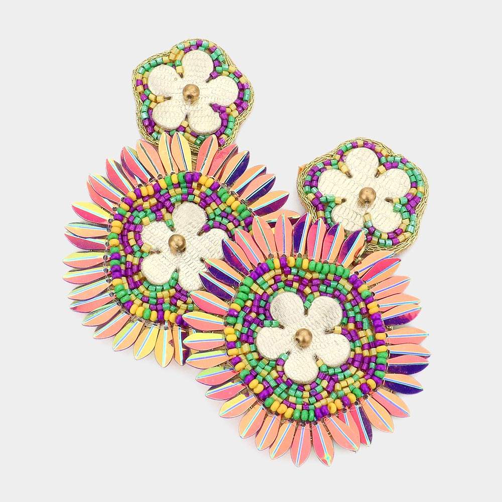 Mardi Gras Felt Back Flower Pointed Seed Beaded Round Dangle Earrings - Madeline Love - Flyclothing LLC