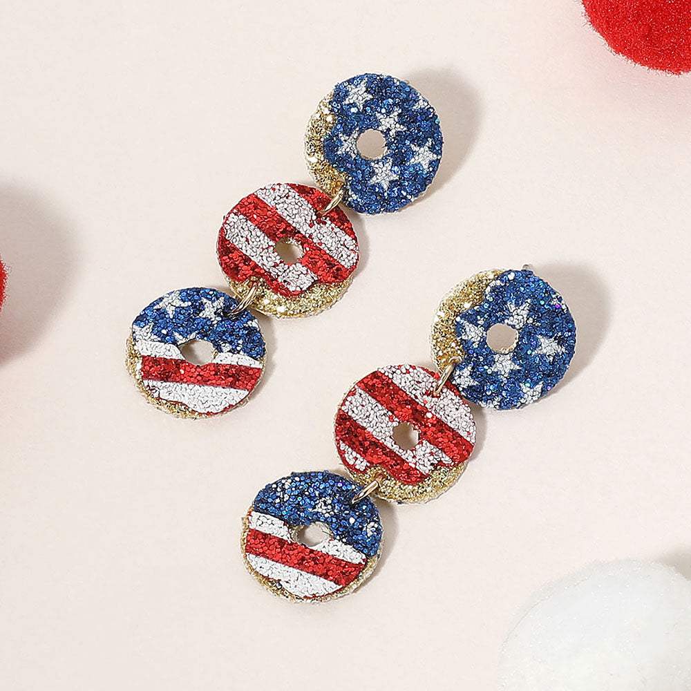 Glittered American USA Flag Trip Donut Link Drop Earrings - Madeline Love - Flyclothing LLC