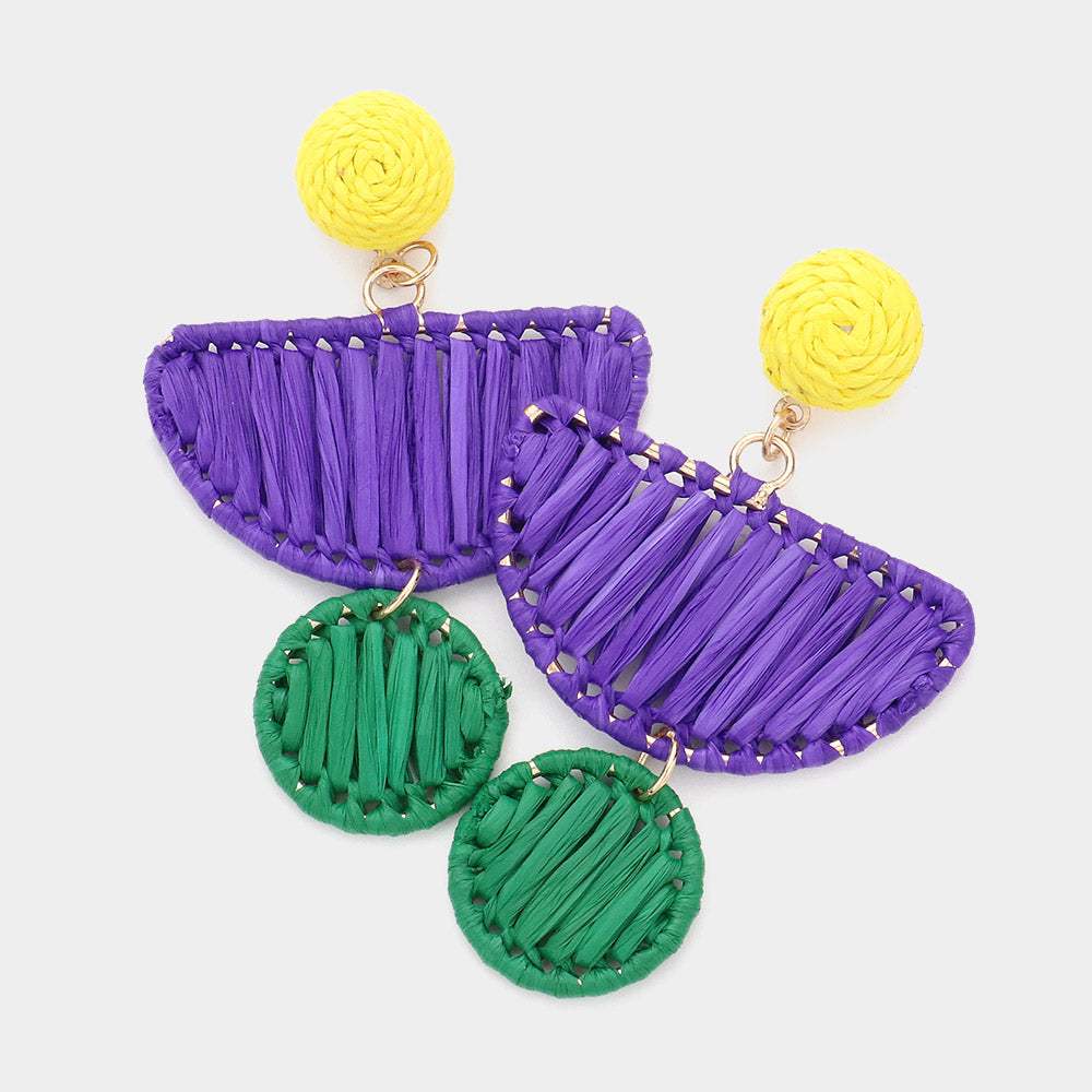 Mardi Gras Raffia Half Moon Circle Dangle Earrings - Madeline Love - Flyclothing LLC