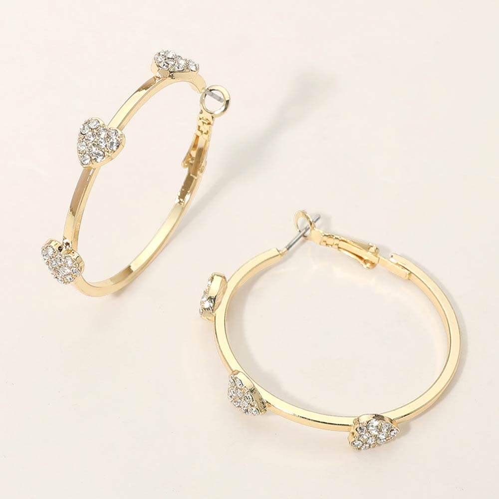 Gold Dipped Rhinestone Pave Heart Charm Around Hoop Earrings - Madeline Love - Flyclothing LLC