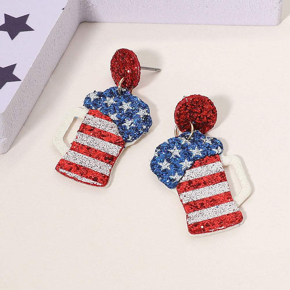 Glittered American USA Flag Beer Glass Dangle Earrings - Madeline Love - Flyclothing LLC