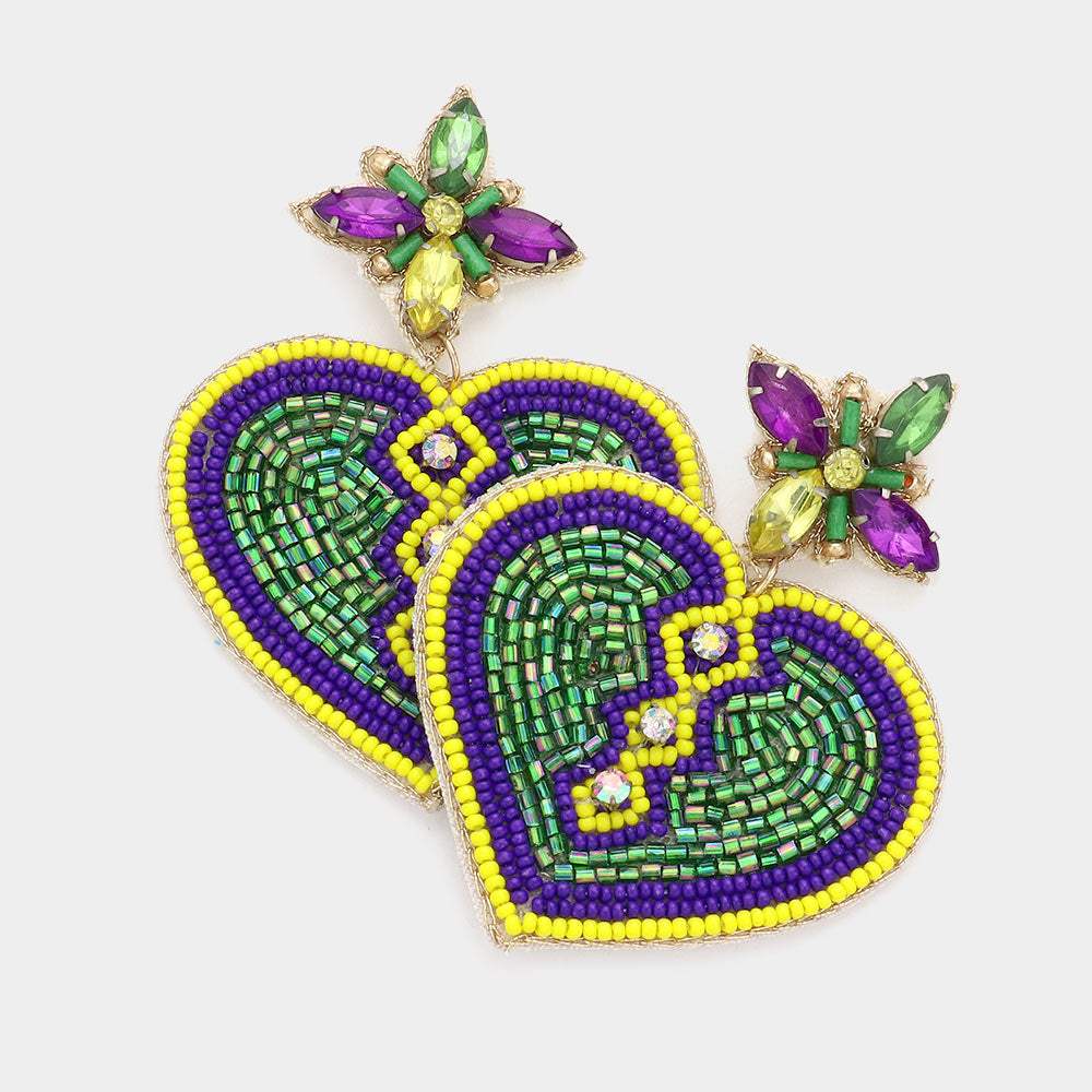 Mardi Gras Felt Back Beaded Heart Dangle Earrings - Madeline Love - Flyclothing LLC