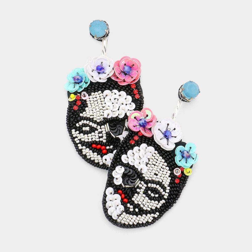 Triple Flower Sequin Seed Beaded Skull Dangle Earrings - Madeline Love - Flyclothing LLC