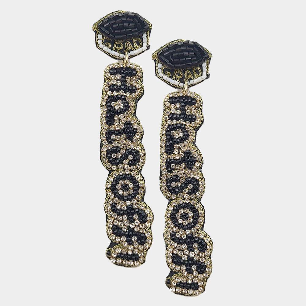 GRAD HATS OFF! Felt Back Rhinestone Beaded Message Dangle Earrings - Madeline Love - Flyclothing LLC