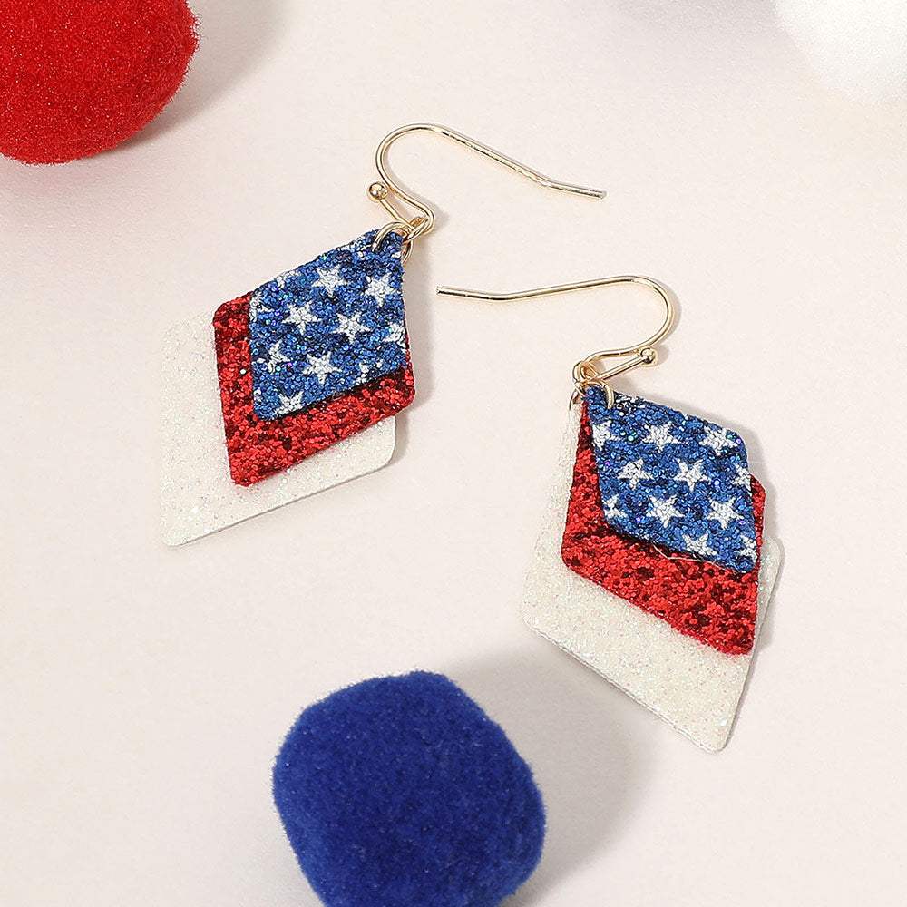 Glittered American USA Flag Triple Rhombus Layered Dangle Earrings - Madeline Love - Flyclothing LLC