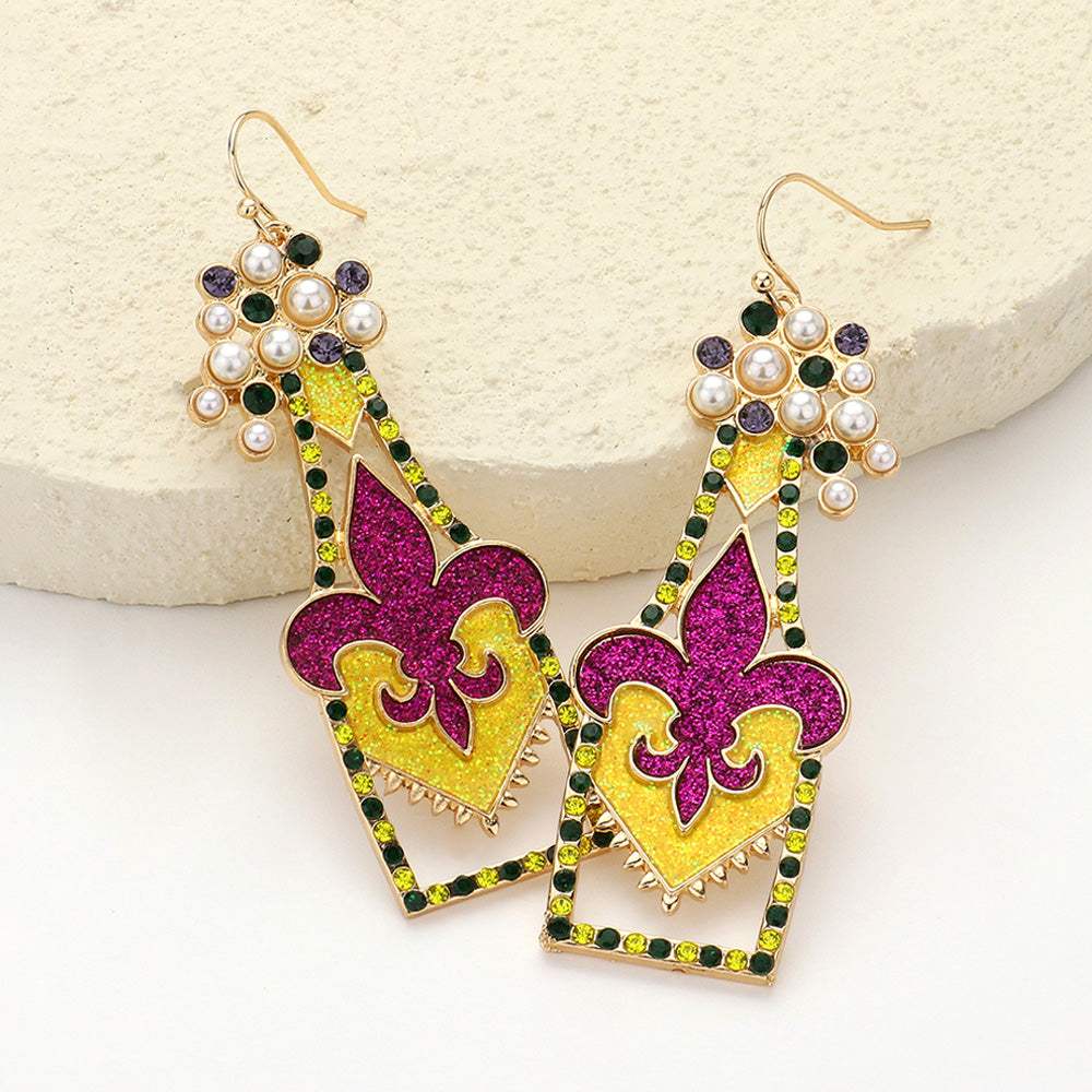 Stone Pearl Paved Sparkly Mardi Gras Fleur de Lis Bottle Dangle Earrings - Madeline Love - Flyclothing LLC
