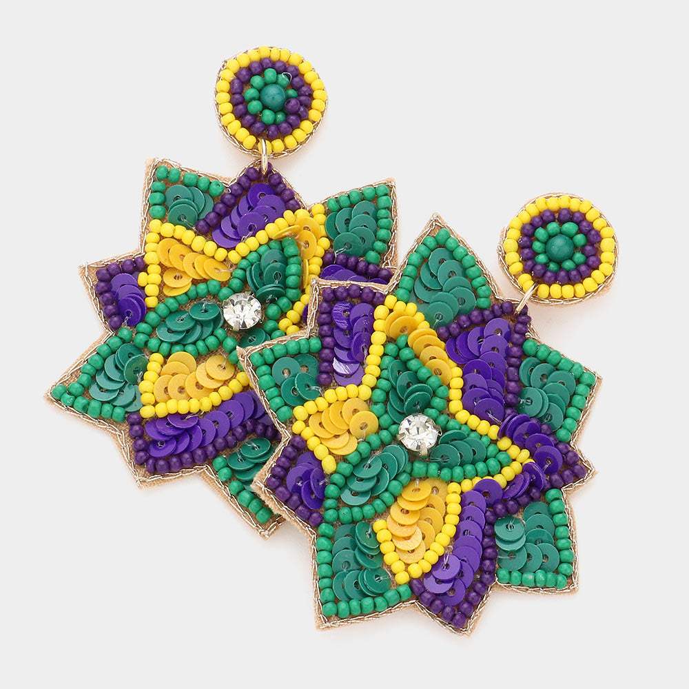Felt Back Seed Beaded Mardi Gras Flower Dangle Earrings - Madeline Love - Flyclothing LLC
