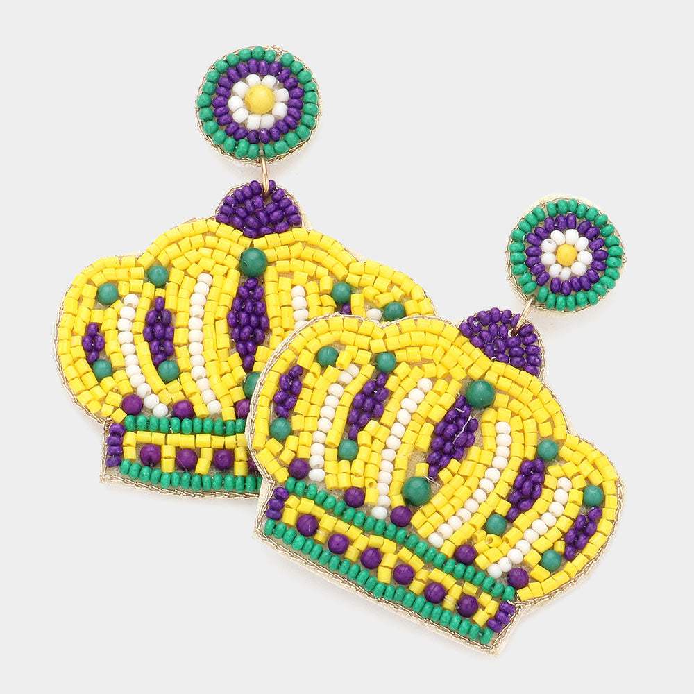 Felt Back Seed Beaded Mardi Gras Crown Dangle Earrings - Madeline Love - Flyclothing LLC