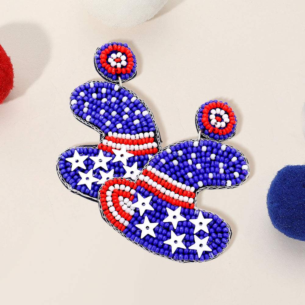 Felt Back American USA Flag Cowboy Hat Beaded Dangle Earrings - Madeline Love - Flyclothing LLC