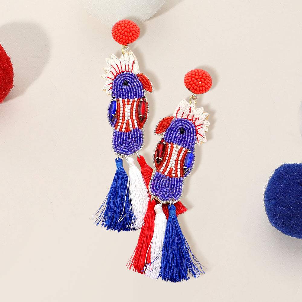 American USA Flag Parrot Beaded Tassel Earrings - Madeline Love - Flyclothing LLC