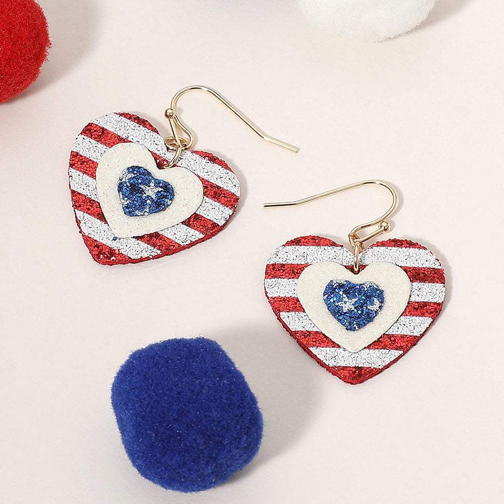 Glittered American USA Flag Heart Dangle Earrings - Madeline Love - Flyclothing LLC