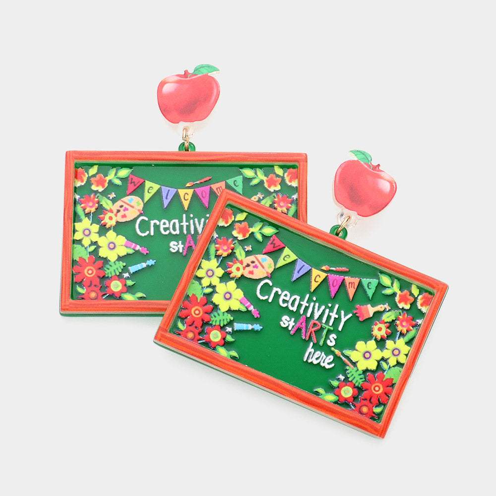 Resin Apple Creativity Starts Here Message Floral Chalkboard Link Dangle Earrings - Madeline Love - Flyclothing LLC