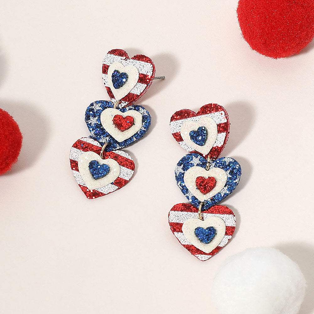 Glittered American USA Flag Triple Heart Link Drop Earrings - Madeline Love - Flyclothing LLC