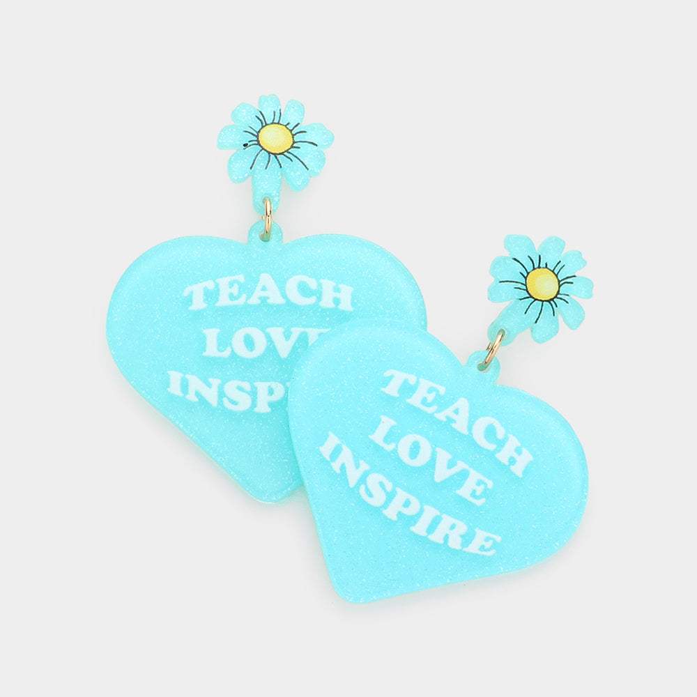 Teach Love Inspire Message Glittered Flower Heart Link Dangle Earrings - Madeline Love - Flyclothing LLC