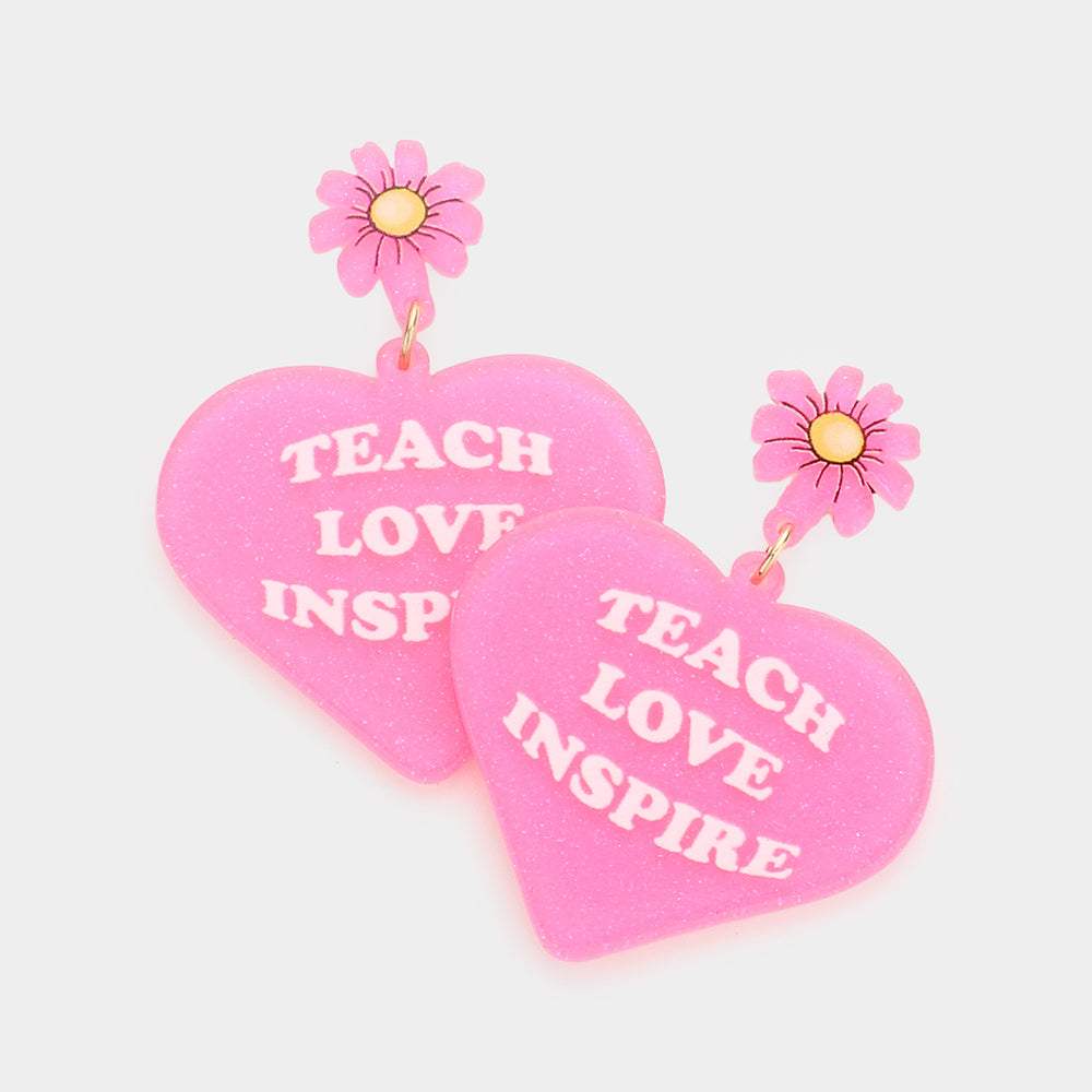 Teach Love Inspire Message Glittered Flower Heart Link Dangle Earrings - Madeline Love - Flyclothing LLC